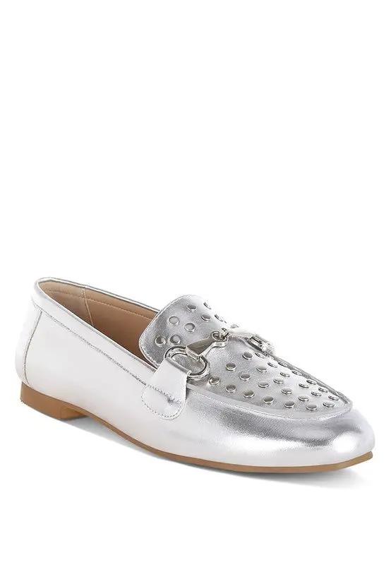 Estafa Horsebit & Studs Metallic Pleather Loafers for Women - Love Salve